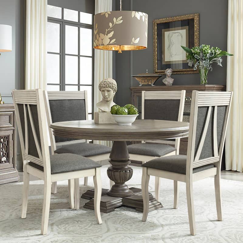Modern Distressed Off White Rubberwood and Gray Upholstered Dining Chair, Set of 2