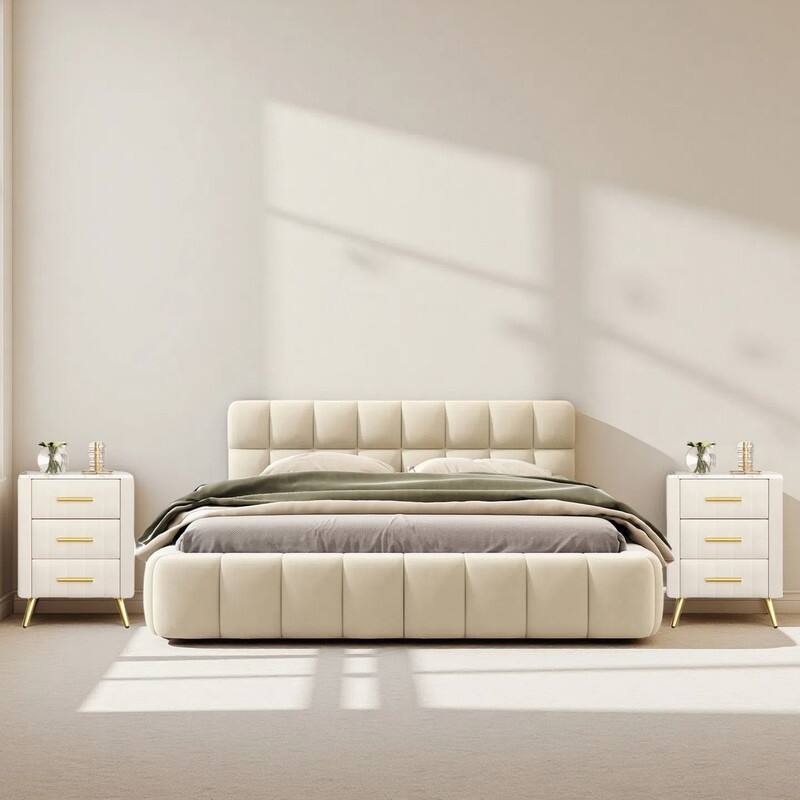 3-Pieces Bedroom Sets, Queen Size Upholstered Platform Bed with Thick Fabric ,and Two Nightstands with Metal Legs&Handles