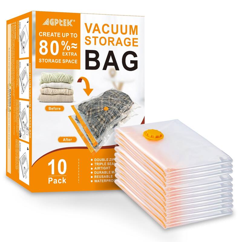 AGPtEK 10 Pcs Vacuum Storage Bags for Clothes, Blankets, Comforters - XL - Clear Orange