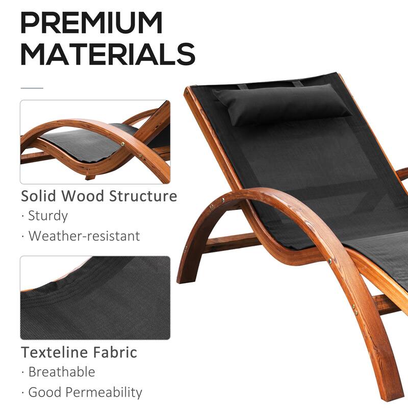 Outdoor Curved Chaise Wood Lounge Chair with Pillow & Armrests, Weather-Resistant Breathable Mesh Reclining Chair