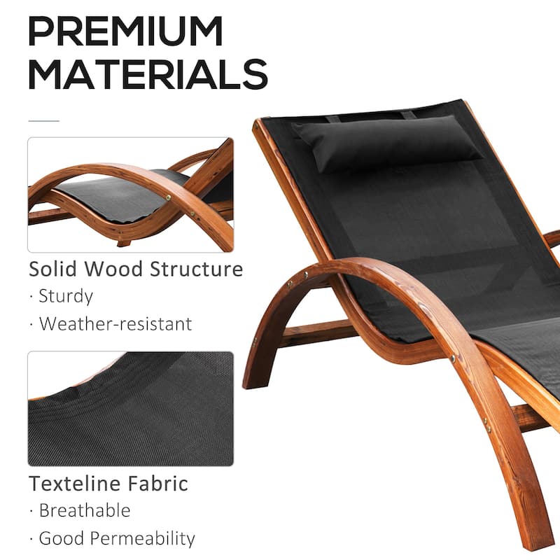 Outsunny Outdoor Chaise Wood Lounge Chair with Pillow, Armrests, Breathable Sling Mesh for Patio, Deck, and Poolside