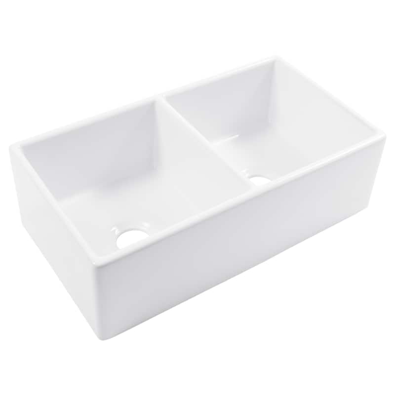 Austen Crisp White Fireclay 33" Double Bowl Farmhouse Apron Front Undermount Kitchen Sink and Drains