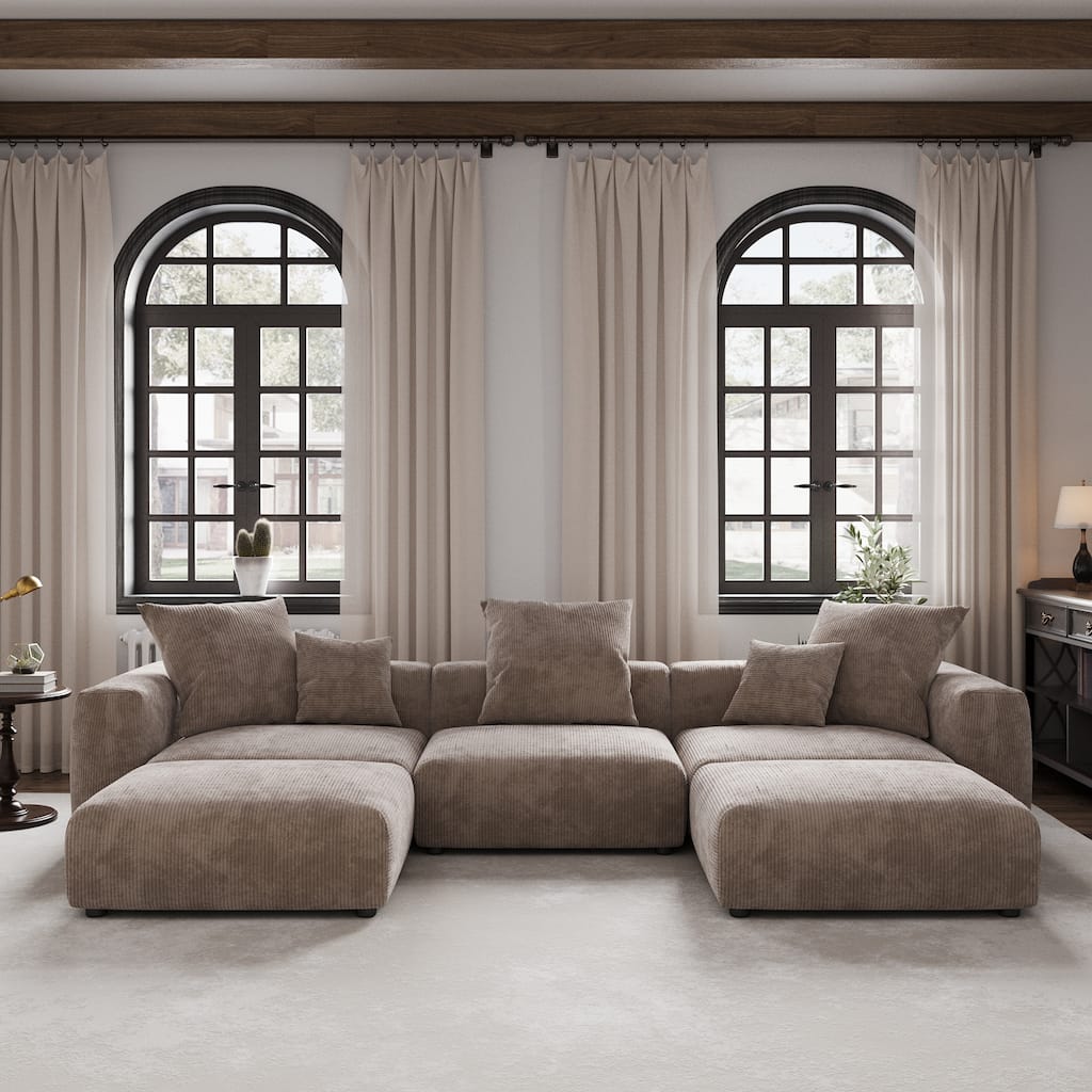 141''Modular Sectional Sofa, Corduroy 5 Seater Upholstered Sofa Couch with 5 Pillows, Convertible Couch Deep Seat Couches