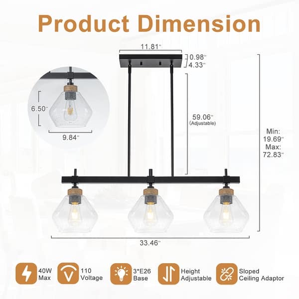 dimension image slide 1 of 2, 3 Light Black Linear Kitchen Pendant Light Clear Seeded Glass Shades - W 33-in