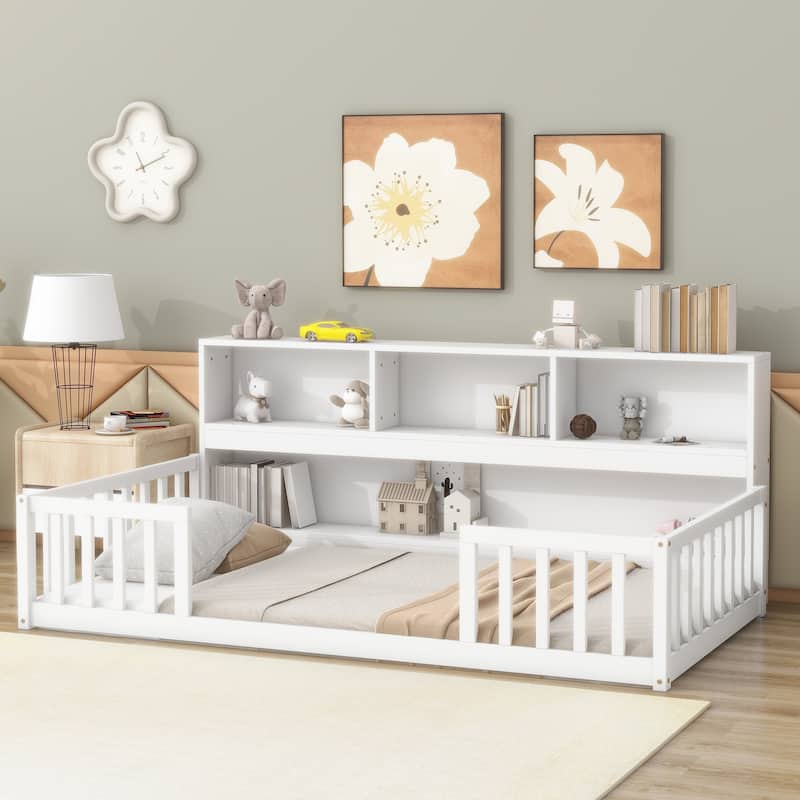 Twin Floor Bed with Bedside Bookcase, Shelves, and Guardrails in White