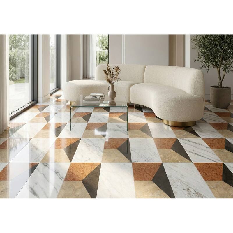 Roomfitters Waterjet Marble Tile, Polished Natural Stone for Floor and Wall, Genuine Marble, 2-Piece Box, White Gold Red Gray - White+Multi