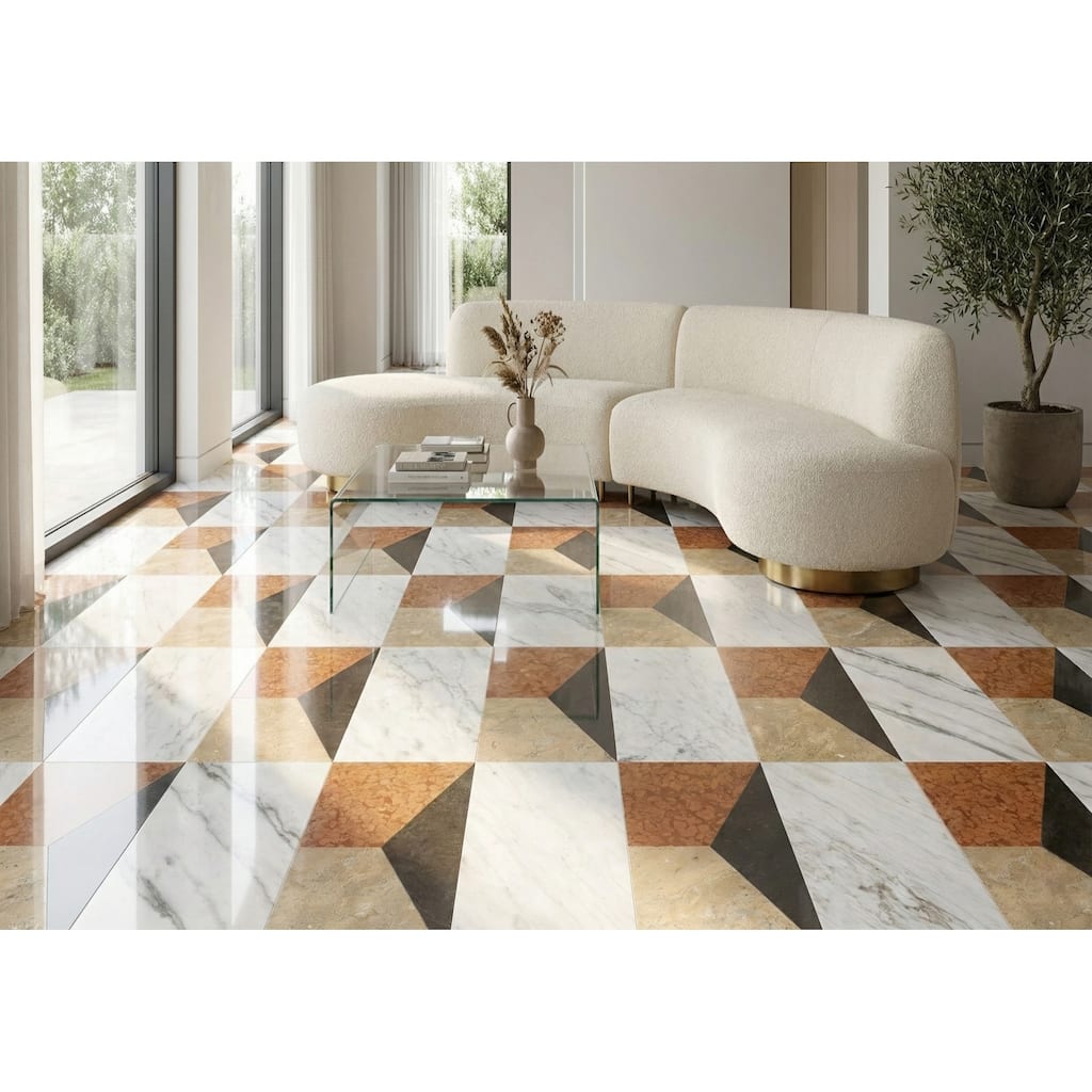 Roomfitters Waterjet Marble Tile, Polished Natural Stone for Floor and Wall, Genuine Marble, 2-Piece Box, White Gold Red Gray