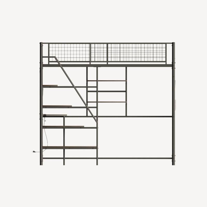Full Size Loft Metal Bed with Built-in Desk, Charging Station, LED Lighting, and Storage for Bedroom and Dormitory