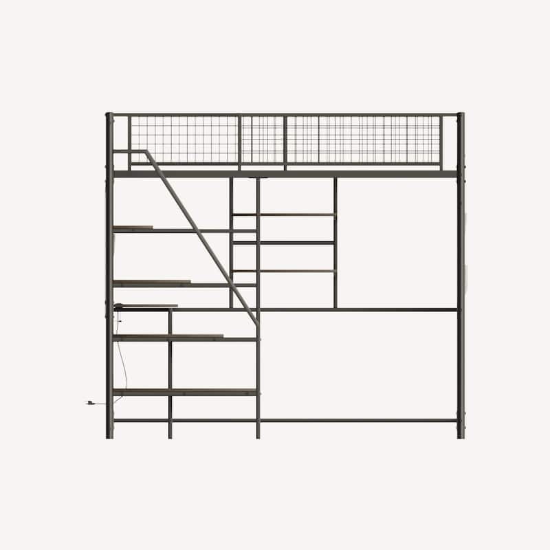 Full size loft metal bed with white for bedroom and dormitory, with built-in charging station and LED lighting