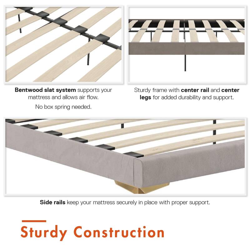 Velvet Upholstered Platform Bed with Foam-Padded Headboard, Modern Metal Legs, King Size