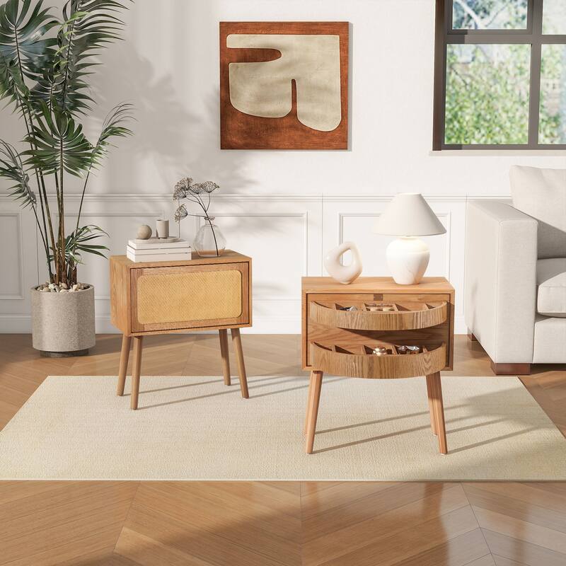 Mid-Century Modern Rotating Hidden Compartment Rattan Nightstand - Natural
