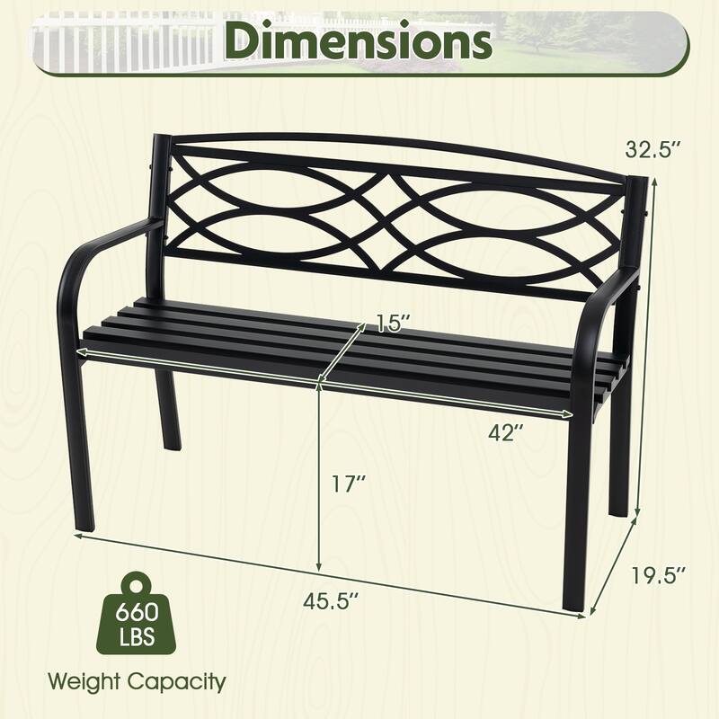 2-Person Outdoor Black Metal Bench with Ventilated Seat and Curved Armrest for Patio or Yard - 19.5" x 45.5" x 32.5"