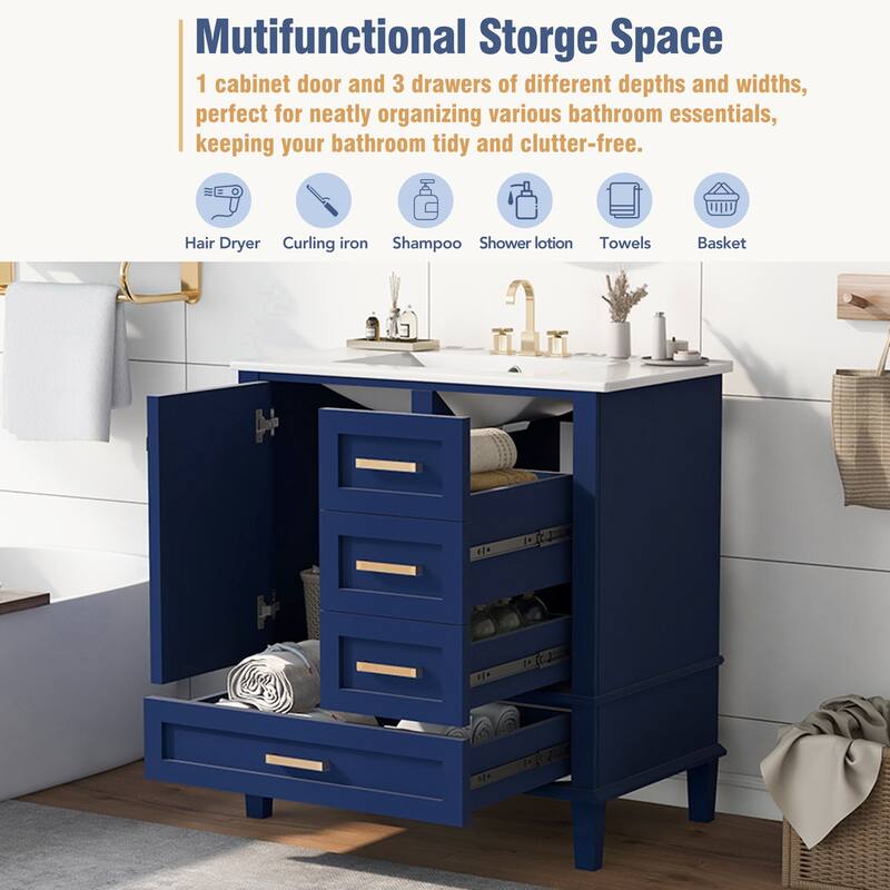 Bathroom Vanity with Ceramic Undermount Sink, Solid Wood Frame, Soft-Close Drawers & Doors, and Gold Handles