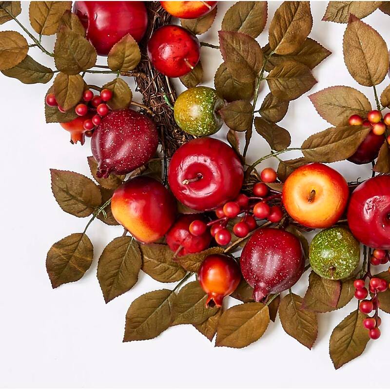 20" Mixed Fall Apple Pomegranate & Leaf Wreath on Natural Twig Base