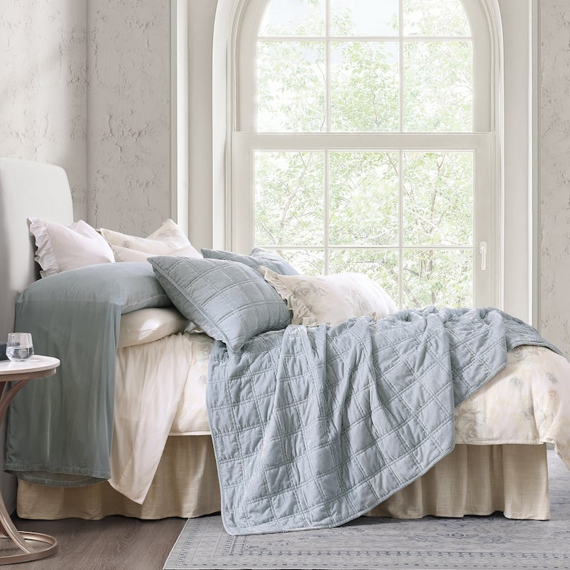 HiEnd Accents Stella Faux Silk Velvet Double Box Stitch Modern Rustic 3 Piece Quilt Set - Icy Blue - Queen