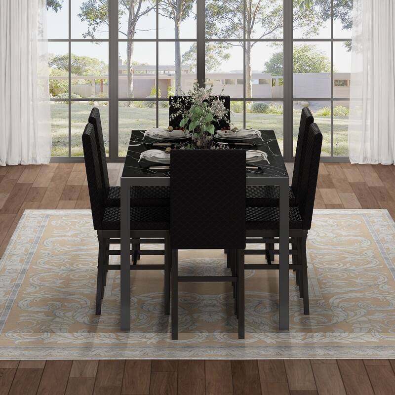Grondin 7-Piece Dining Room Table Set, Modern Contemporary Style Dinning Table Set with Tempered Glass Top and Upholstery Chairs
