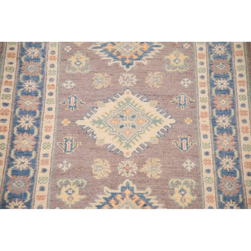 Geometric Kazak Oriental Accent Rug Hand-Knotted Beige Wool Carpet - 2'8"x 3'10"
