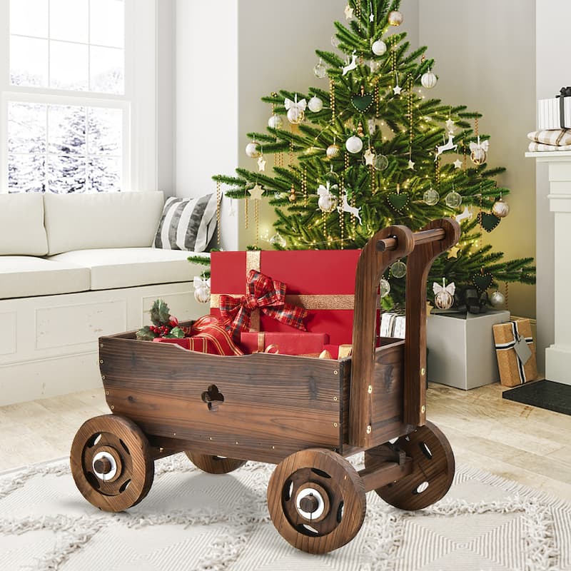 Costway Decorative Wagon Cart Plant Flower Pot Stand Wooden Raised - 27'' x 15'' x 21'' (L x W x H)
