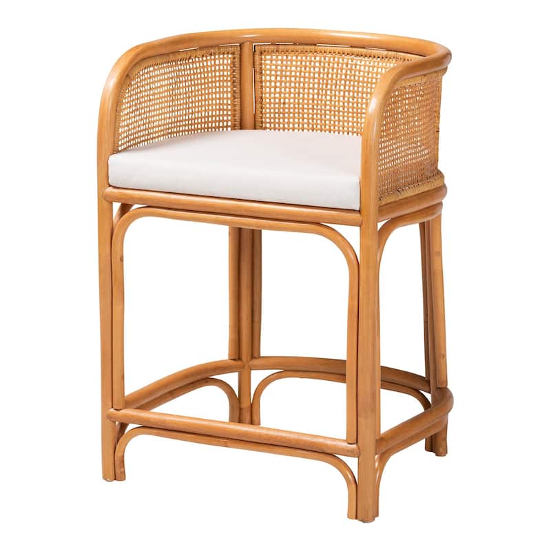 Aria Natural Rattan Counter Stool with Cushion - Handwoven Cane Counter Height Seating for Kitchen Island or Dining Area - Light Honey