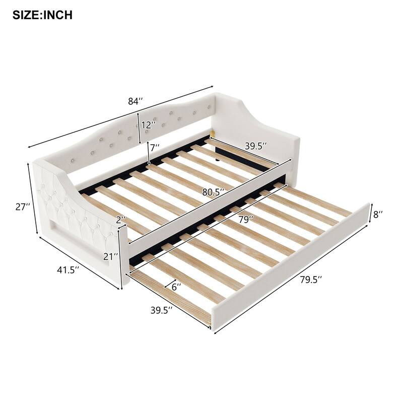 Twin XL Size Upholstered Daybed with Linen Cover Backrest & Trundle, Wood Sofa Bed Frame with LED lighting, No Box Spring Needed