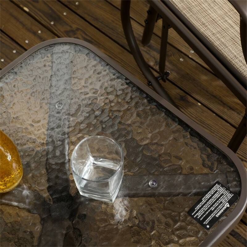 3 Piece Outdoor Glider Chair Set with Tempered Glass Table Powder Coated Steel Frame Breathable Mesh Seating