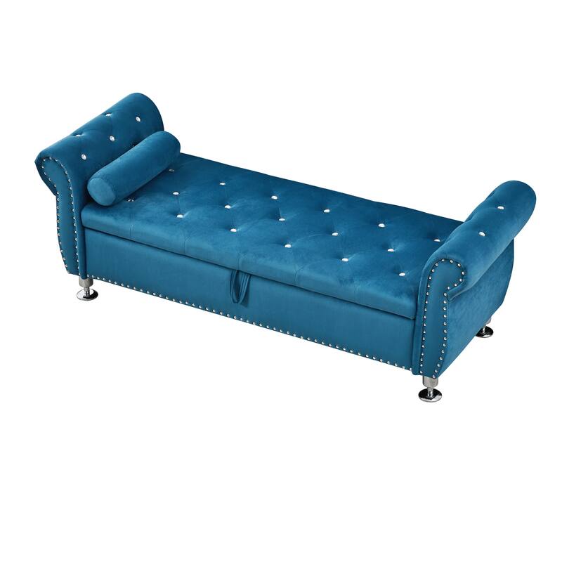 Velvet Storage Bench 62.2 Inch Upholstered Tufted Ottoman Bench with Rolled Arms, Large End of Bed Bench with Rivet Decoration