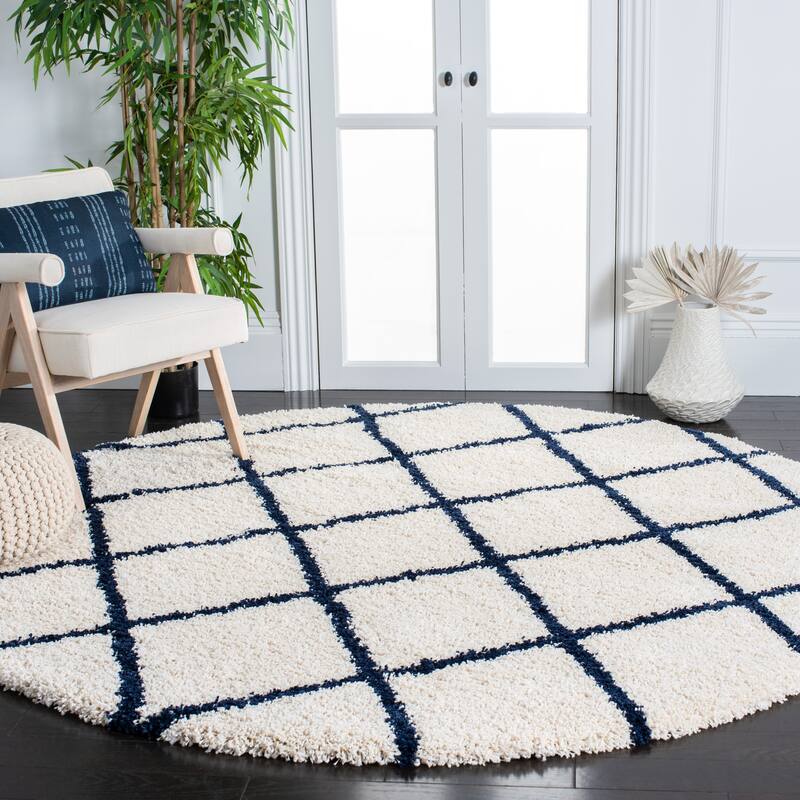 SAFAVIEH Hudson Shag Sherree Trellis 2-inch Thick Rug - 7' Round - Ivory/Navy