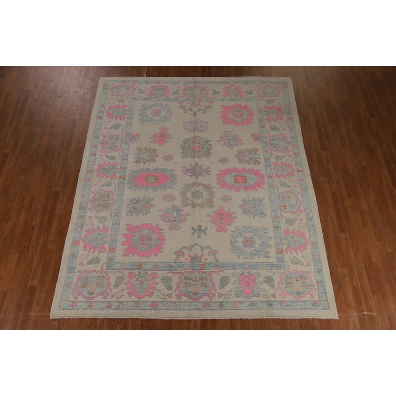 Hand Knotted Oriental 100% Wool Carpet Transitional All-Over Beige & Ivories Oushak Area Rug - 9' 10'' X 8' 1''