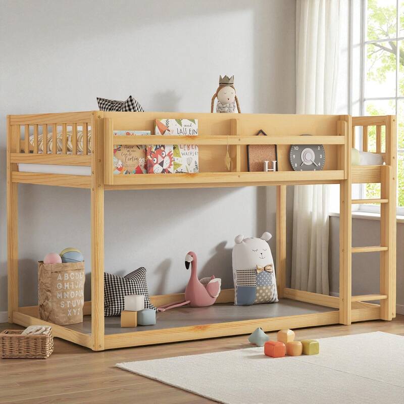 Low Twin Over Twin Floor Bunk Bed with Ladder and Shelf, Solid Wood Convertible Bunk Bed for Kids and Juniors