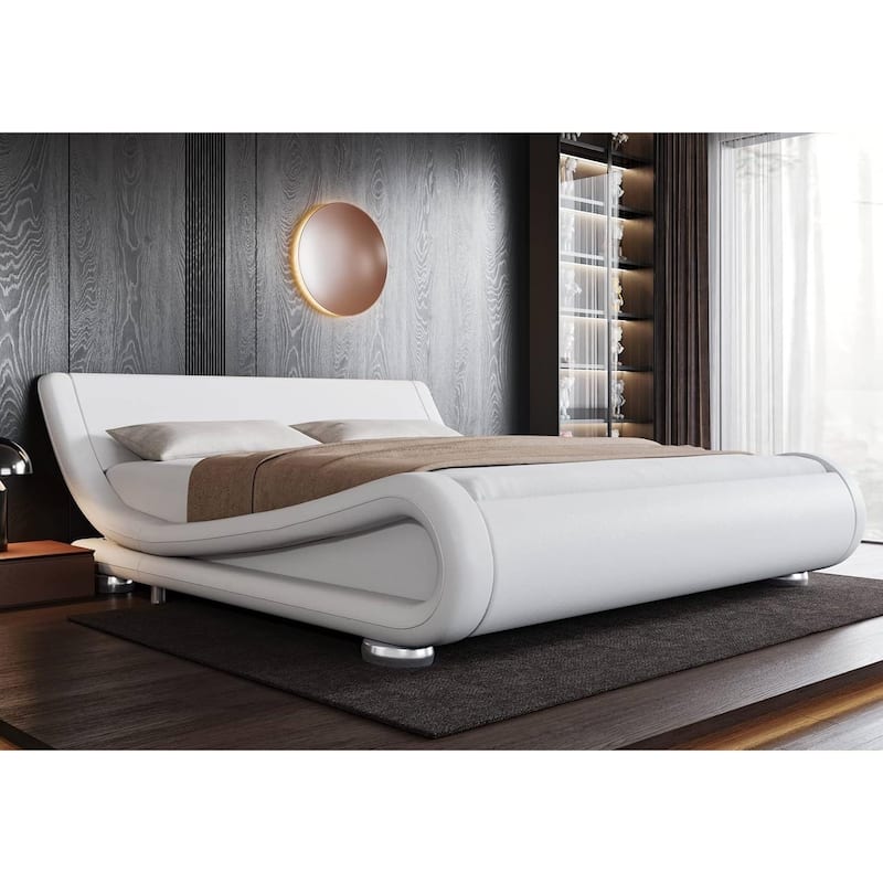Upholstered White Platform Bed Frame with Curved Headboard and PU Leather - White - King