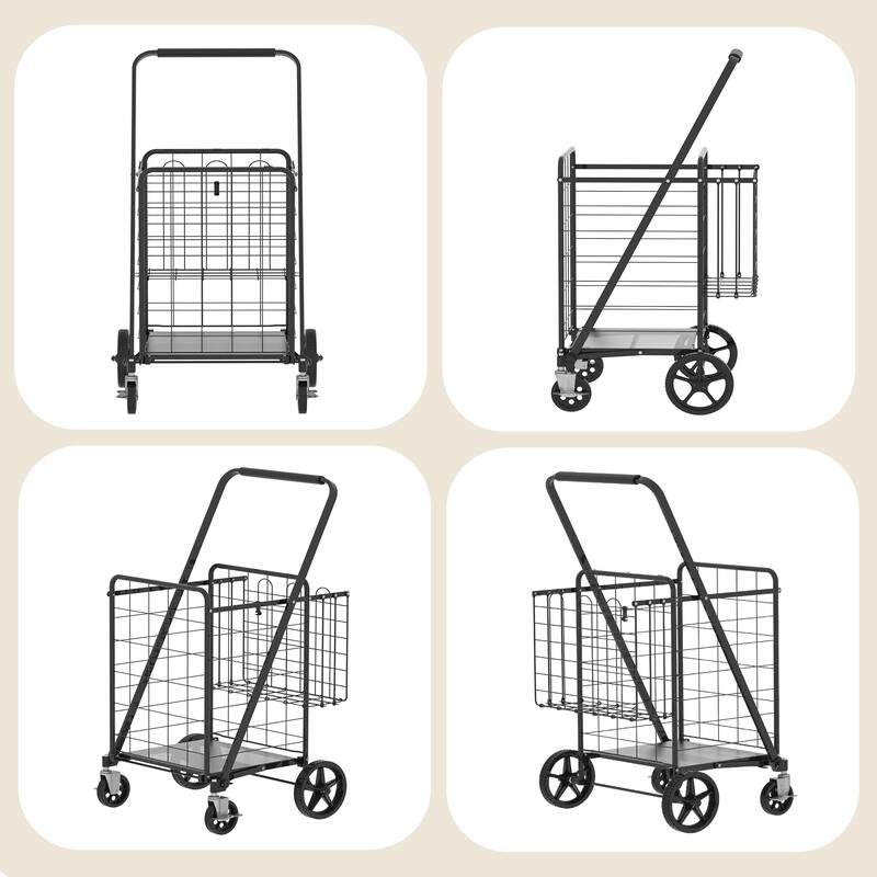 Foldable Grocery Shopping Cart w/ Brake & Double Basket and 360 Rolling Swivel Wheels