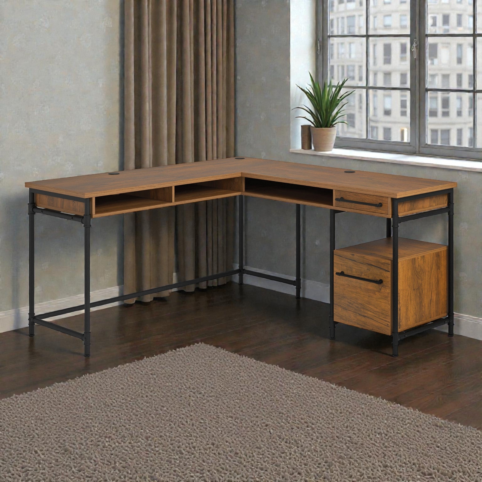 L Shaped Office Desk with Drawers and Cubby, Corner Computer Desk with Cable Management and Storage