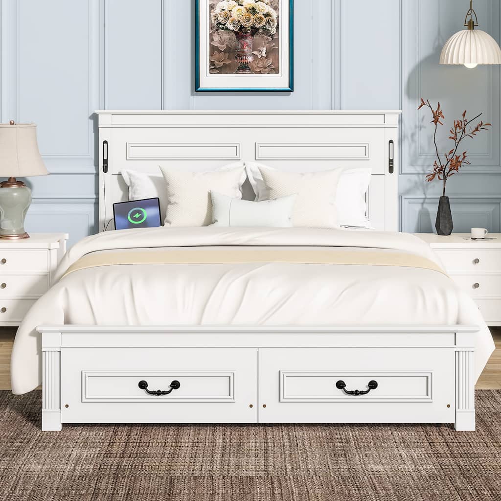 Queen/King Bed with LED Lights, USB Charging Station & 2 Storage Drawers