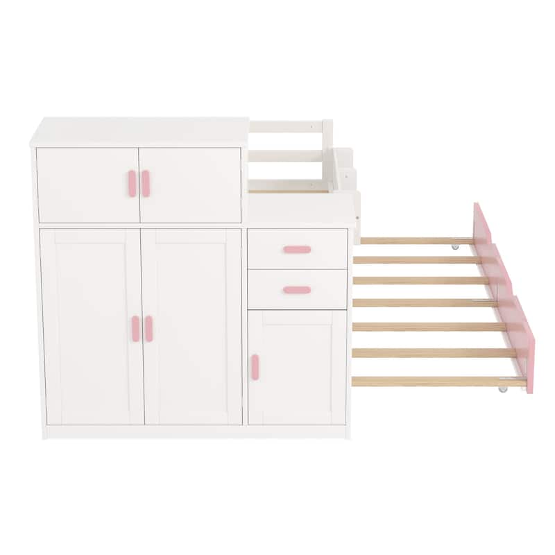Twin Size Wood Platform Bed with Sample Bookshelf and Movable Wardrobe, Multifunctional Bed with Built-in Trundle Bed