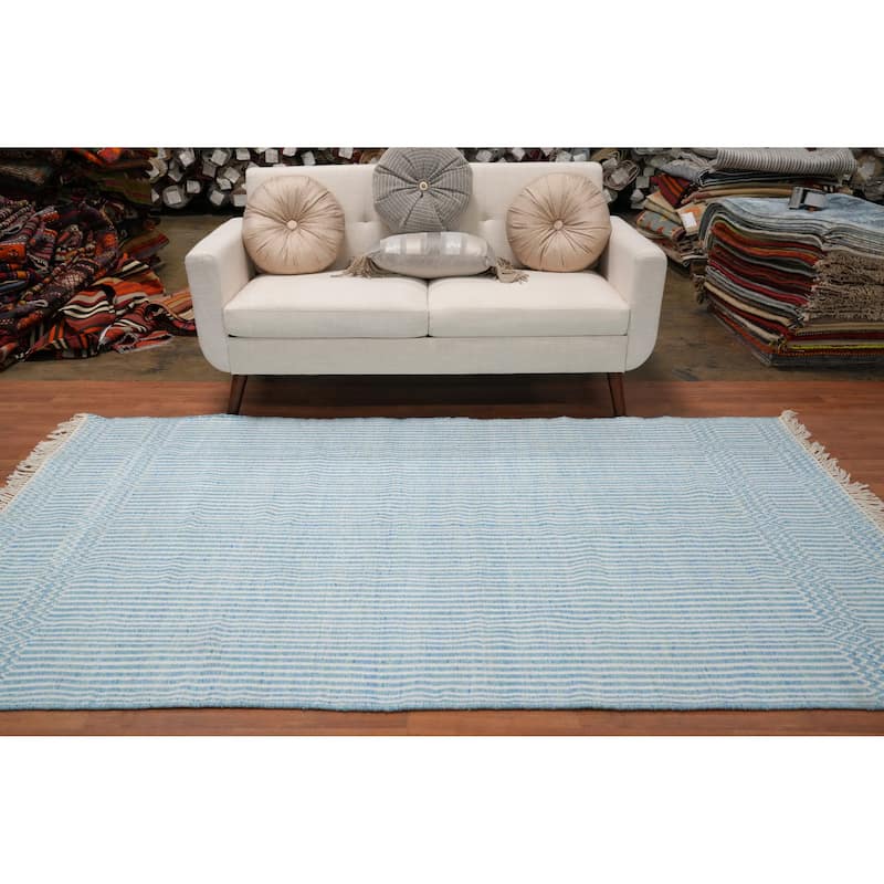 Hand Woven Oriental 100% Wool Carpet Traditional Geometric Navy Blue & Blues Durrie-Kilim Area Rug - 8' 4'' X 5' 0''