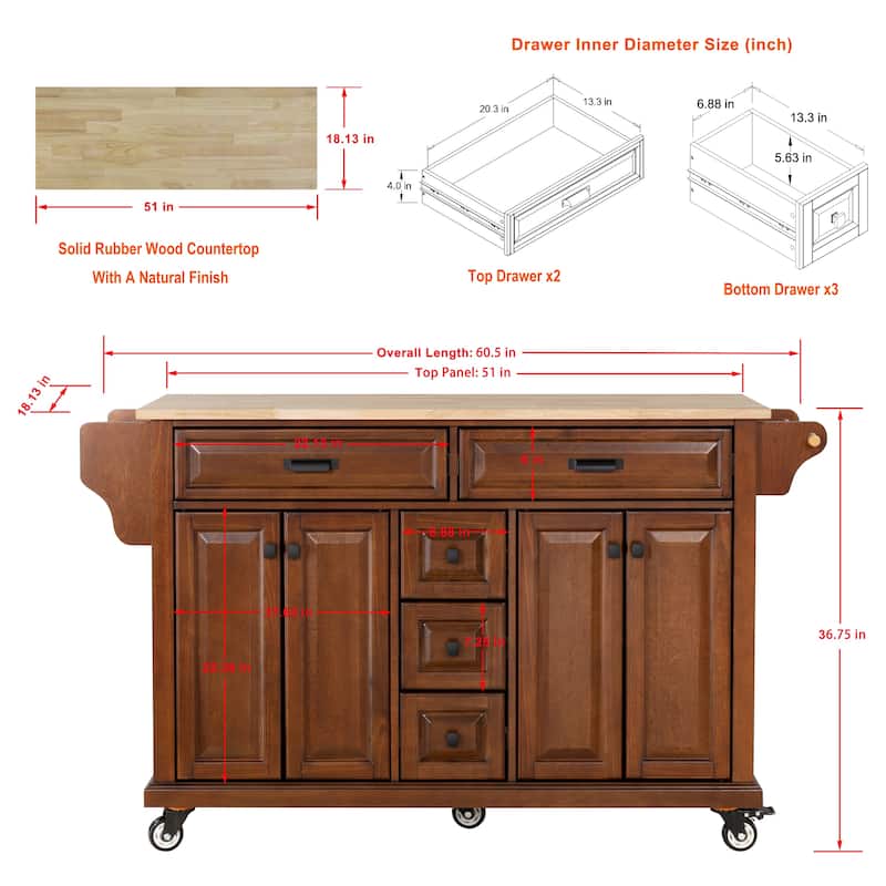 Cambridge Natural Wood Top Kitchen Island with Storage and Casters