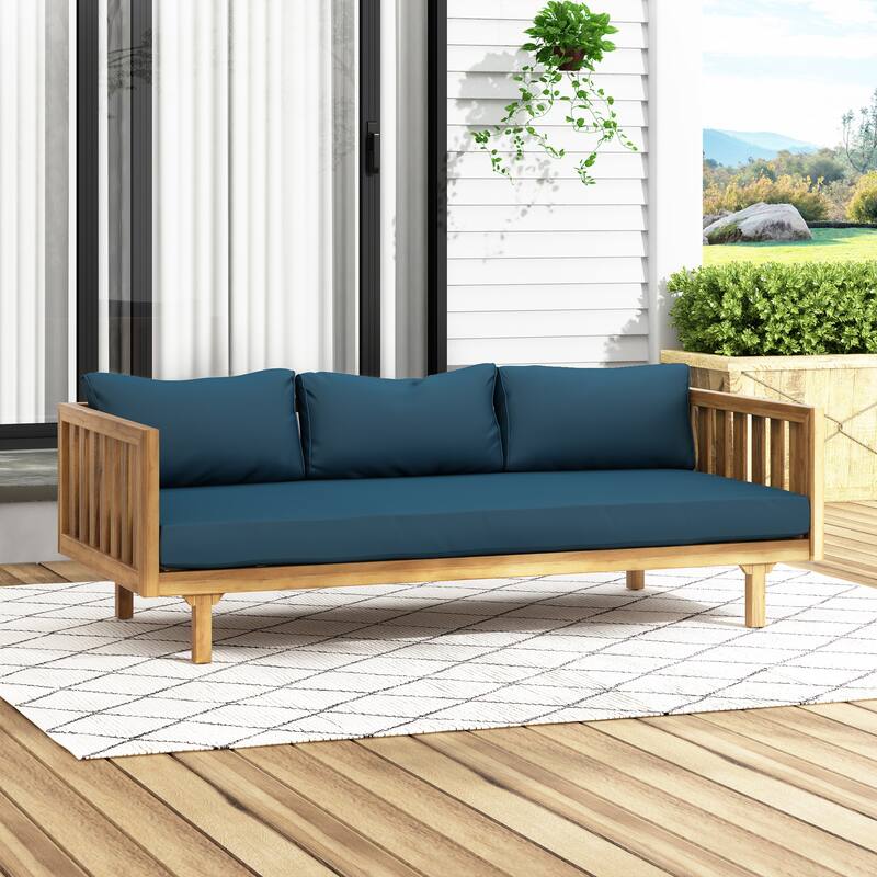 Acacia Wood 3 Seater Daybed Slat Panel Design Water Resistant Cushions - Blue,Teak