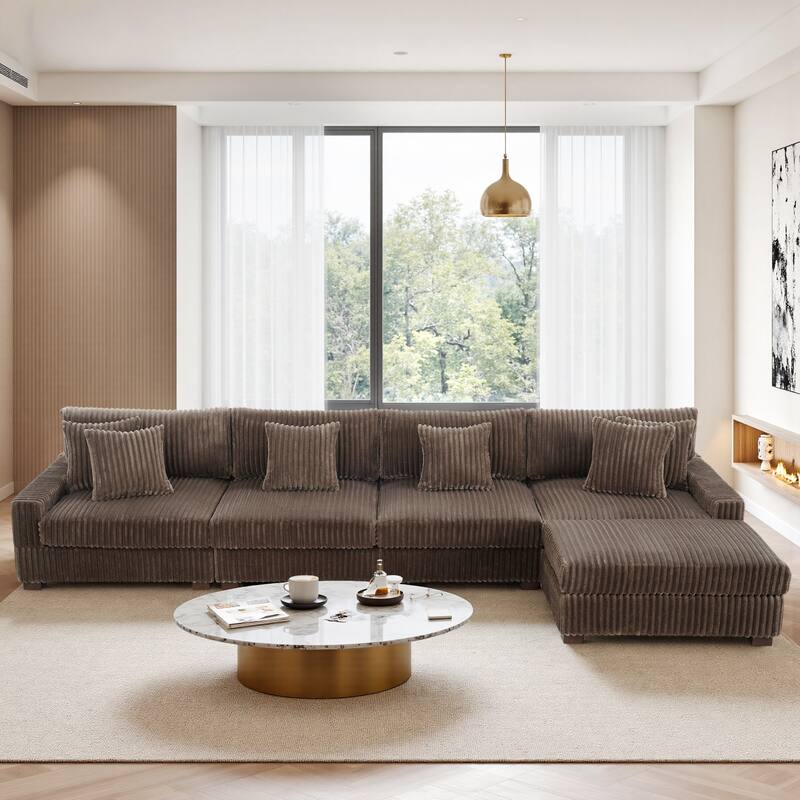 Modular Cotton Flannel Plush Sectional Sofa with Ottomans - Light Brown-5 piece
