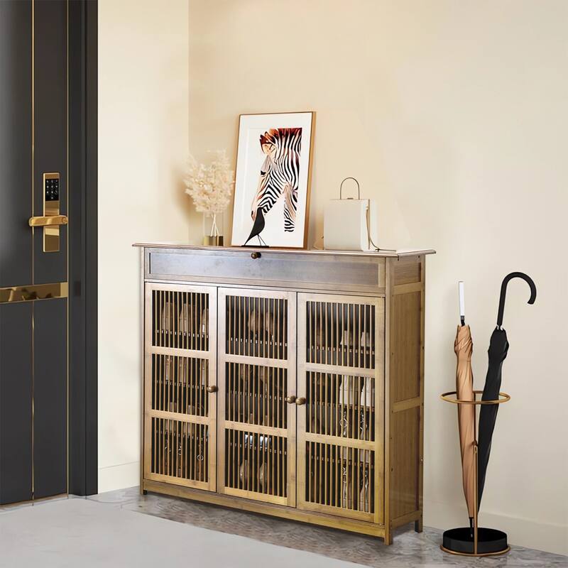 3-door Bamboo Shoe Cabinet Rack with Jumbo Drawer