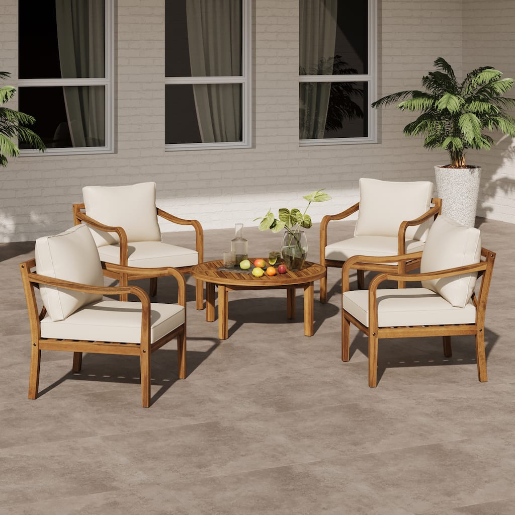 Christopher Knight Home - Erin 5-Piece Outdoor Acacia Wood Conversation Set with Cushioned Lounge Chairs & Round Coffee Table