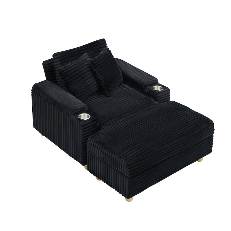 Corduroy Accent Chair & Storage Ottoman Set of 2, Single Sofa Armchair Lounge Chair with Pillows & Cup Holders