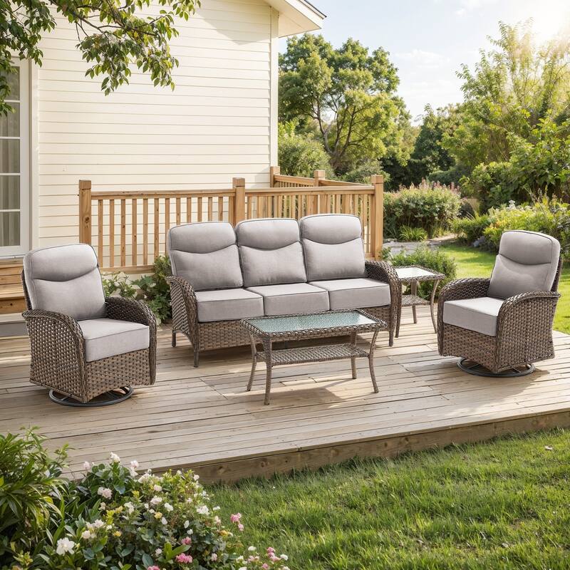 Pocassy Outdoor Sofa Swivel Chair and Ottman with Fire Pit Table - Brown Wicker Beige Cushion - 5-Piece Sofa Swivel Chiar with Table