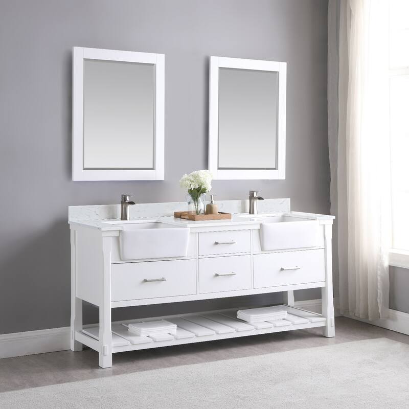 Altair Georgia Double Bathroom Vanity Set and Aosta White Stone Countertop with Farmhouse Basin with Mirror
