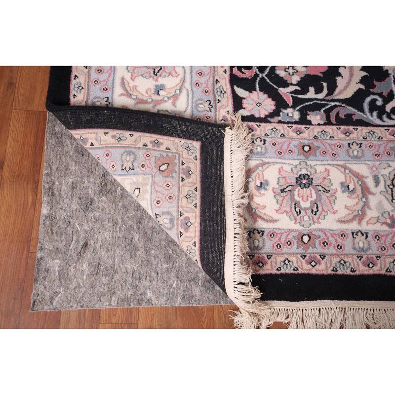 Black Floral Kashan Indian Area Rug Handmade Wool Carpet - 9'2"x 11'10"