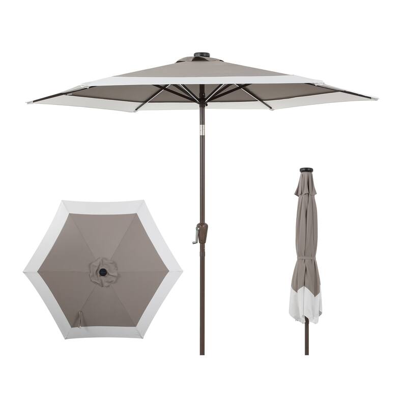 Sidney 9 ft. 2-Tone Solar LED Market Patio Umbrella with 12 LED Strip Lights, Auto-Tilt, Crank and UV Protection, by JONATHAN Y