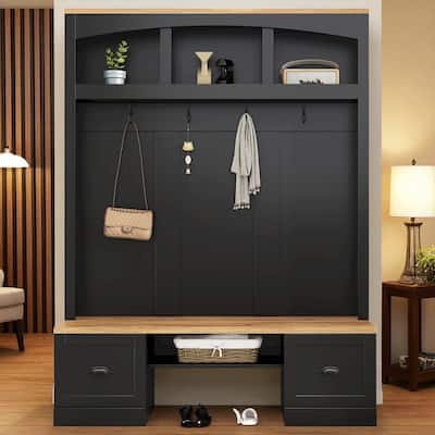 55.1 in Wide Farmhouse Hall Tree, Wood Grain Bench & Top, 4-in-1 Entryway Coat Rack with Adjustable Shelves
