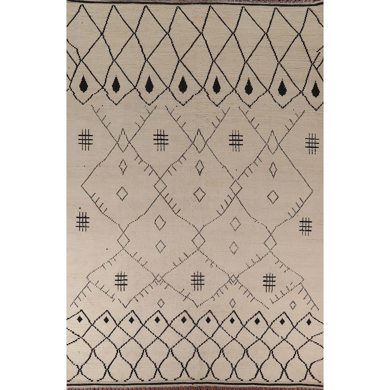 Moroccan Oriental Area Rug Hand-Knotted Beige Geometric Wool Carpet - 8'10"x 12'5"