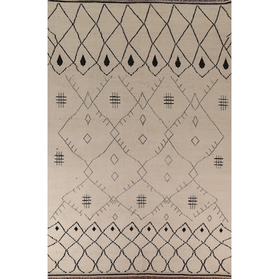 Moroccan Oriental Area Rug Hand-Knotted Beige Geometric Wool Carpet - 8'10"x 12'5"