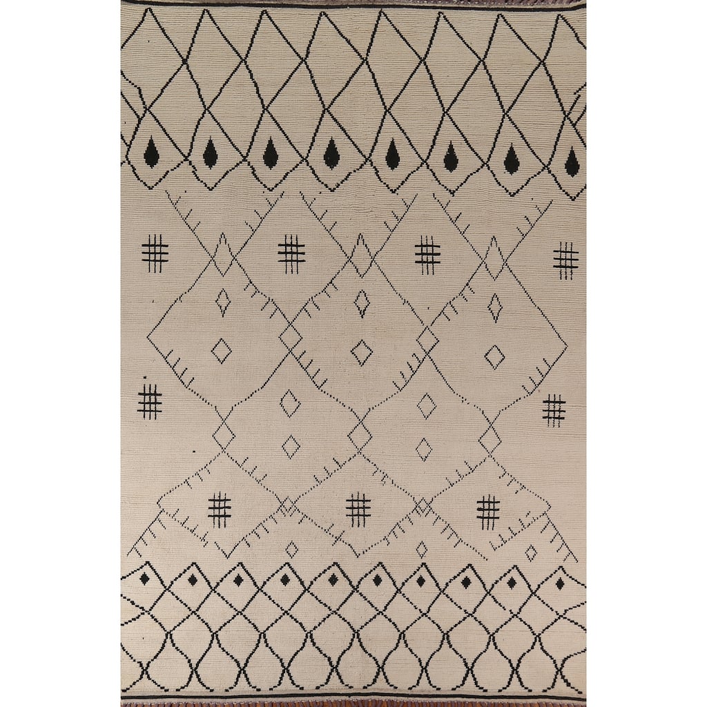 Moroccan Oriental Area Rug Hand-Knotted Beige Geometric Wool Carpet - 8'10"x 12'5"