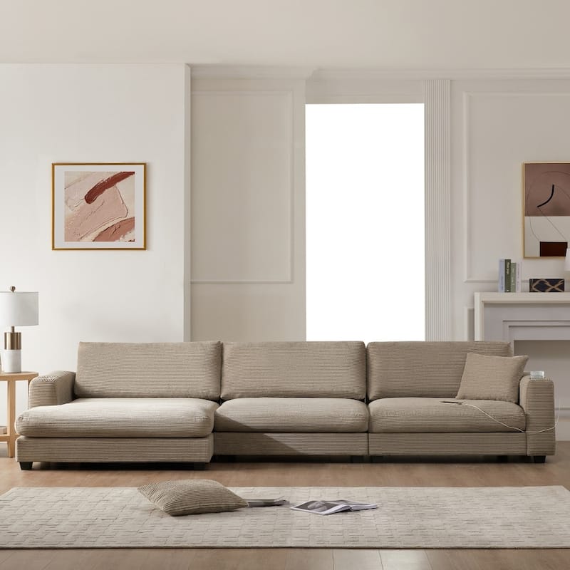 134" Oversized Corduroy Sectional L-shaped Cloud Sofa with USB Charging Port and Cup Holder